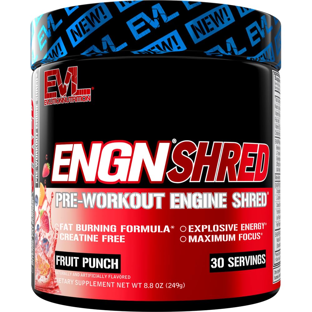 EVL Ultimate Pre Workout Powder - Thermogenic Fat Burn Support Preworkout Powder Drink für nachhaltige Energie Fokus und Stamina - ENGN Shred Intensiv Creatine Free Preworkout Drink Mix - Fruit Punch