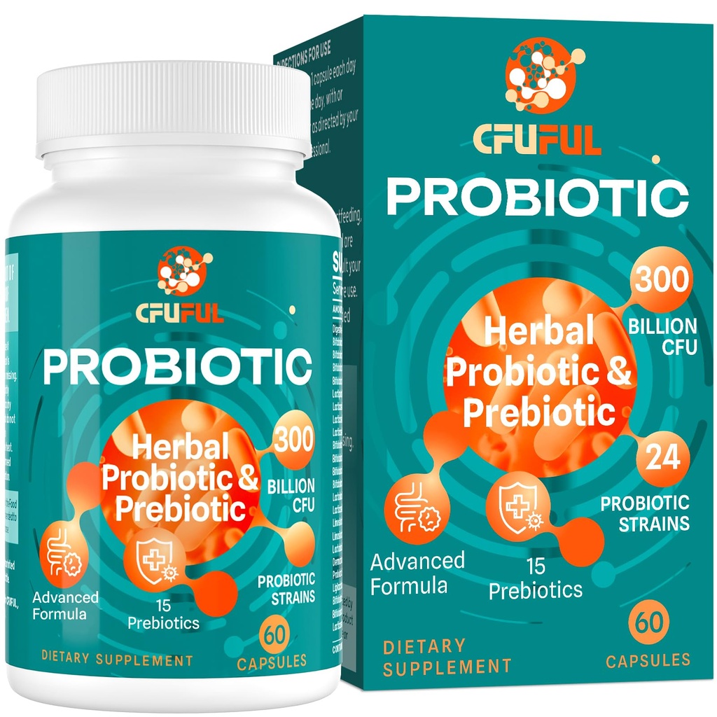 Probiotics for Women & Men - 300 Billion CFU, 24 Strains Probiotic + 15 Organic Herbs Prebiotics Blend, für Gesamtdigestive Gut Gesundheit, Immune, Verstopfung & Bloating, Regal stabil - 2 Monate Versorgung