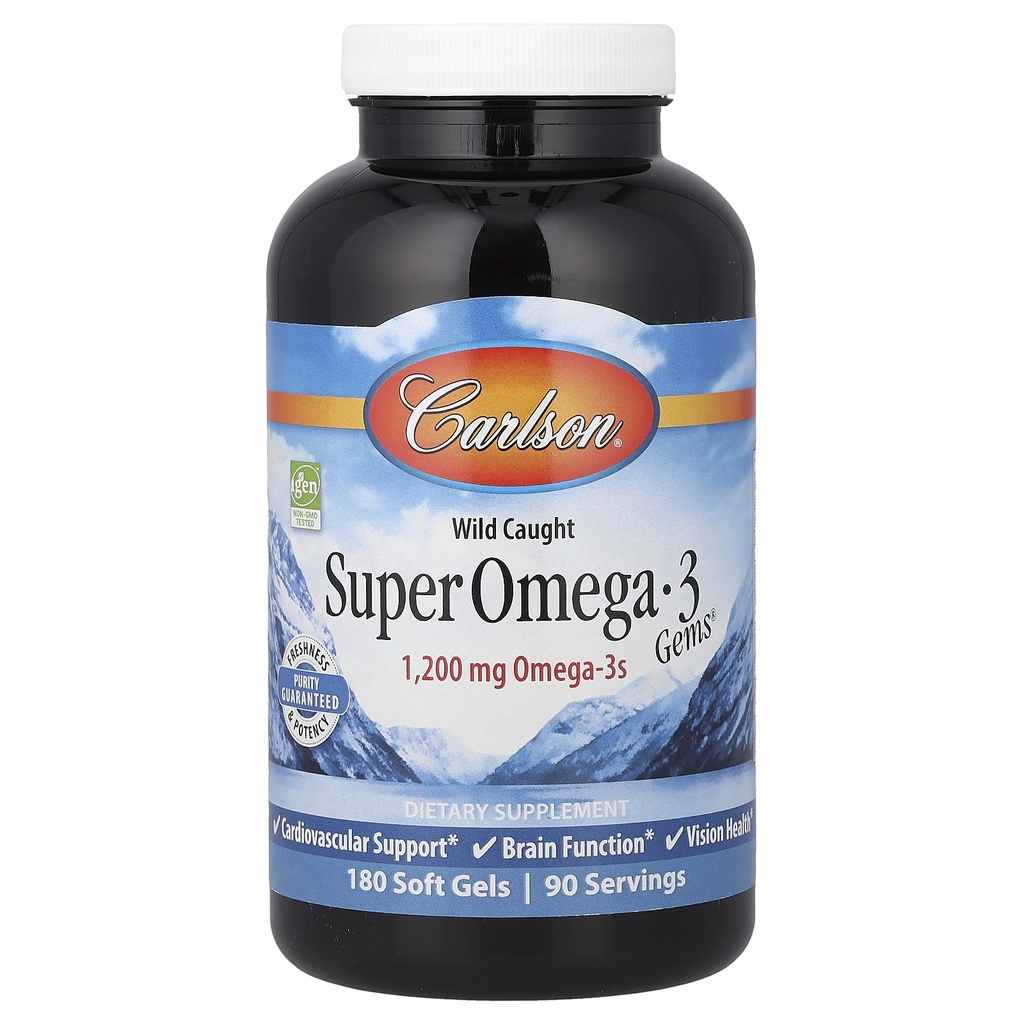 Carlson - Super Omega-3 Edelsteine, 1200 mg Omega-3, Herz-Kreislauf-Unterstützung, Gehirnfunktion & Vision Gesundheit, 180 weiche Gele