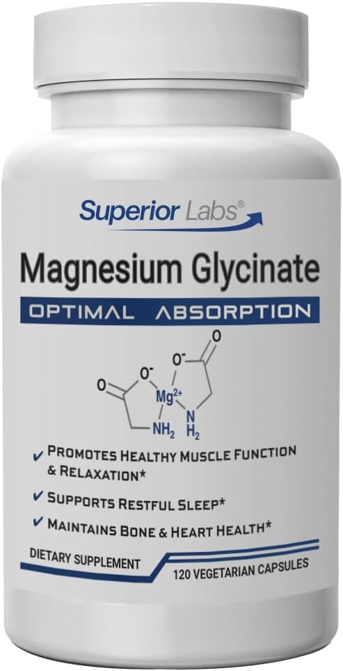 Superior Labs Magnesium Glycinate 1250 mg, High-Absorption, Pure Non-GMO, Unterstützt Qualität Schlaf, Eases Muskelkrämpfe, Knochen & Herz Gesundheit, 120 Veg Caps