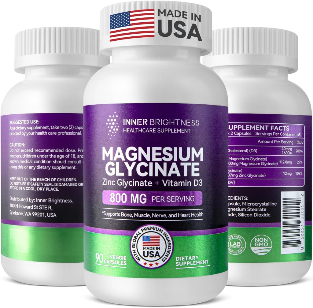 Magnesium Glycinat - Magnesium-Ergänzung mit Zink & Vitamin D3 für Immun-, Knochen- & Muskel-Unterstützung und Herzgesundheit - Non-GMO, Gluten-Free, Gentle on Stomach - 90 Vegetarische Kapseln