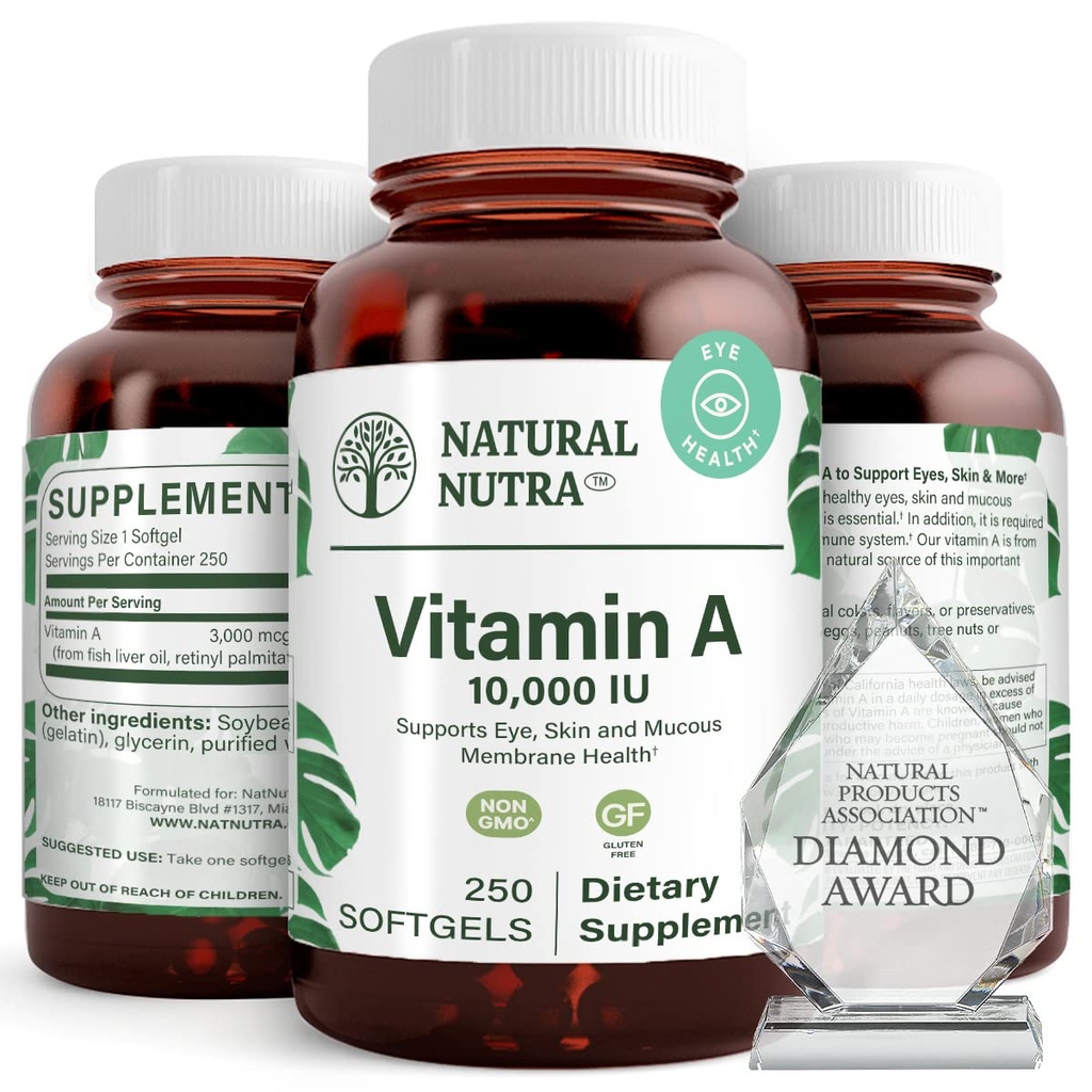 Natürliche Nutra Vitamin A 10.000 IU Softgels – High Potency Eye and Skin Vitamins – Glutenfreies Vitamin Eine Ergänzung für Sight & Skin Health – Fish Liver Oil für Männer und Frauen, Glutenfrei, 250 Softgels