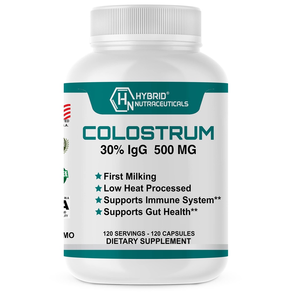 Hybrid Nutraceuticals Bovine Colostrum Supplement - Muskelaufbau - Immununterstützung - Leistungsstarke Verdauung - Lactoferrin Supplement (120 Colostrum Kapseln - 500mg - 30% IgG)