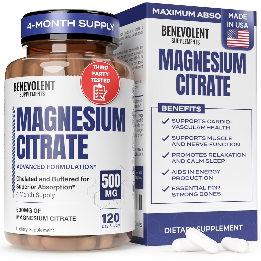 Premium Magnesium Citrate 500mg Kapseln (Citrato de Magnesio) Hohe Absorption Formel gekämpften Citrat zu unterstützen Verdauung, Knochen, Schlaf & Muskel Gesundheit - 120 Kapseln