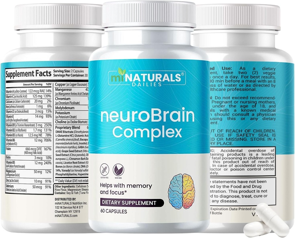 miNATURALS neuroBRAIN Complex Ergänzungen für die Hilfe mit Gedächtnis und Fokus für Männer, Frauen und Senioren, Vitamine und Bacopa, GABA, Grape Seed, Bilberry Fruit Extract, und mehr...