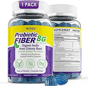 Fiber Gummies für Erwachsene 8g (Inulin, Psyllium Husk, FOS More) mit Probiotics, Green Tea Extract, Sugar Free Plant Based Fiber Supplement Blend for Digestive Health, Regularity, Non-GMO, Vegan, 60Cts