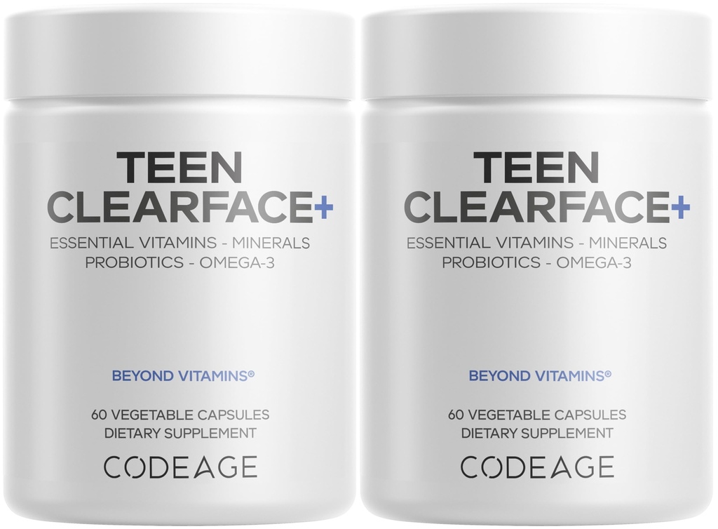 Codeage Teen Clearface Adolescent Face, Haut und Pimples, Vitamine A, C, D3, E, Pantothenic Acid, Niacin, Zink Supplement Jugendliche, Probiotics, L-Lysine, Omega-3, Ölige Haut, Poren, Spots - 2 Pack