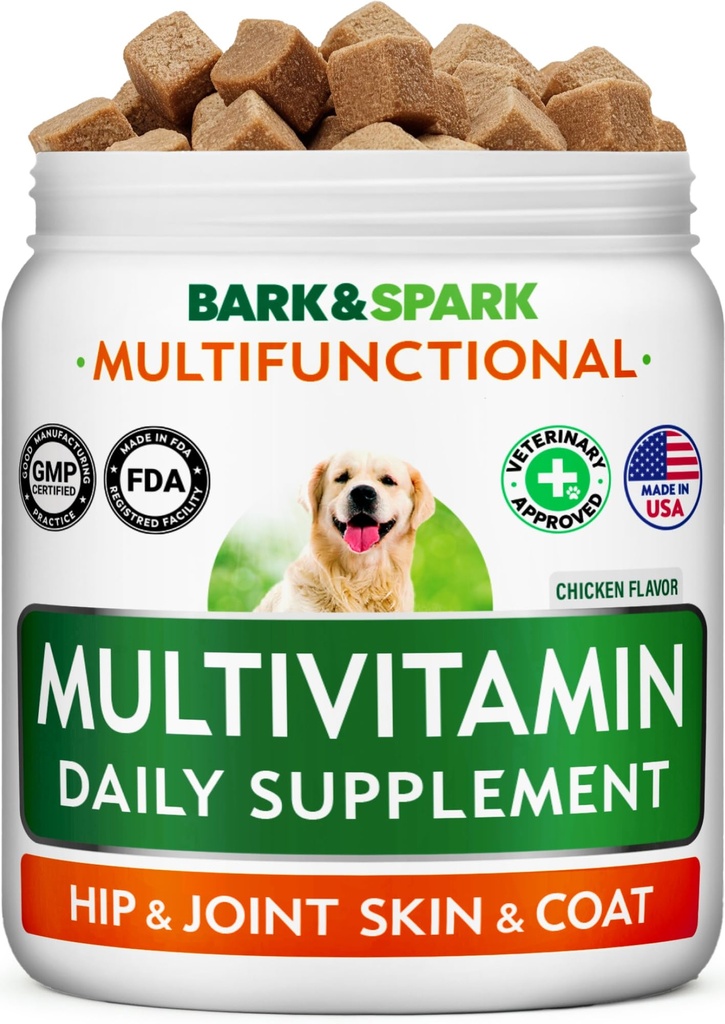 BARK&SPARK Hunde Vitamine & Nahrungsergänzungsmittel - Multivitamin Chewable Treats for Dogs - Glucosamine Chondroitin für Gelenkunterstützung + Omega für Haut & Coat + Probiotika - Multi Vitamin for Pets Health - 120Ct