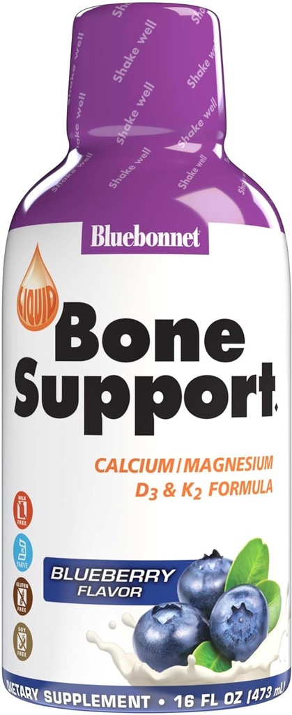 Bluebonnet Nutrition Liquid Bone Support Calcium Citrat, Magnesium Citrat, Vitamin D3, K2, für Knochen Gesundheit, Non GMO, Glutenfrei, Soja frei, milchfrei, koscher, 32 Servierungen, Blueberry Flavor, 16 Fl Oz (Pack von 1)
