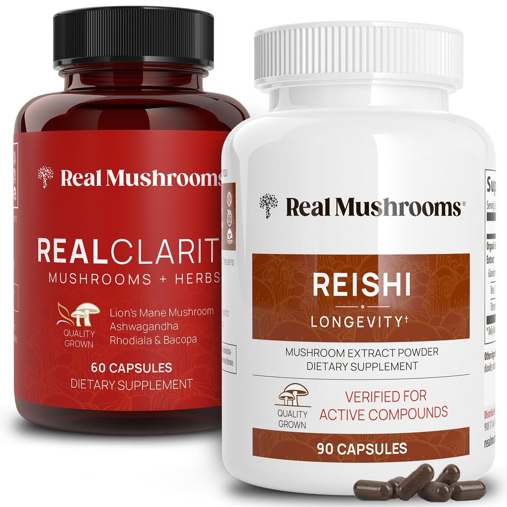 Reale Pilze RealClarity (60ct) und Reishi (90ct) Kapseln Bundle - Pilzergänzung für Psychische Klarheit, Fokus, Entspannung, Schlaf & Langlebigkeit - Vegan, Non-GMO, Verifizierte Ebenen von Beta-Glucans