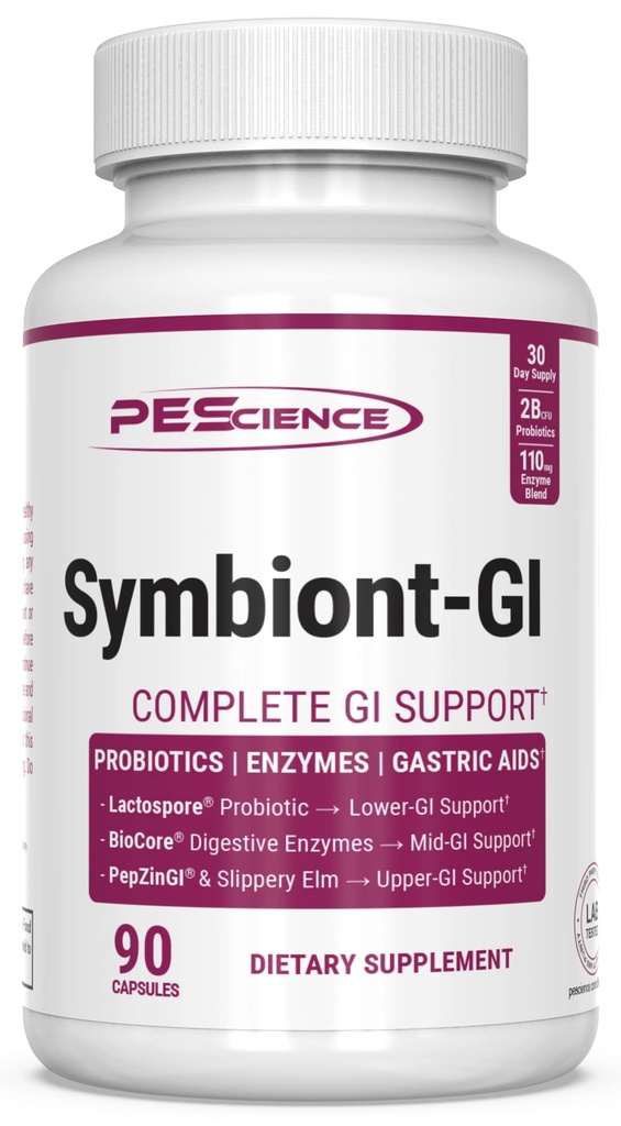 PEScience Symbiont-GI, Zink Carnosine Pepzin GI & Shelf Stable Probiotic Capsules, Verdauungsenzymergänzung für Frauen und Männer, mit Slippery Elm Bark, 30 Tage Versorgung