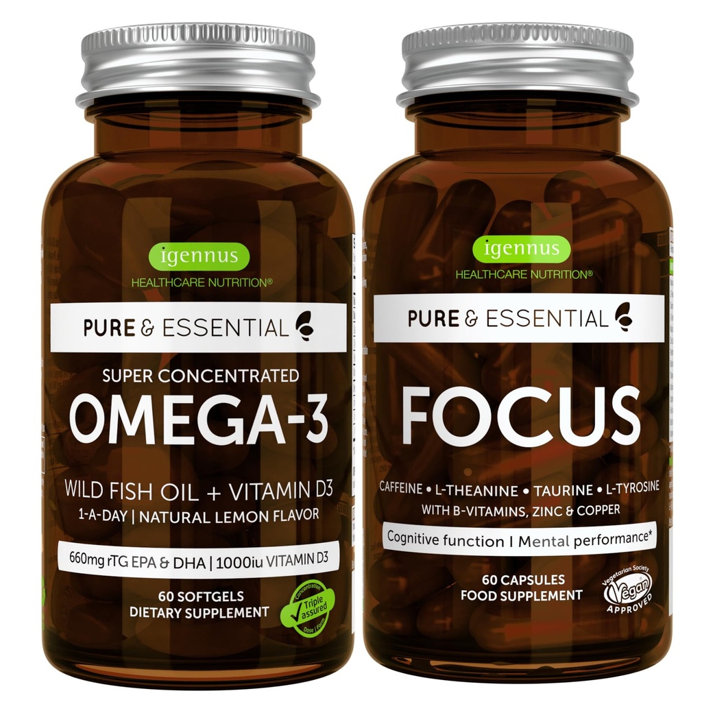 Omega-3 & Vitamin D3 1000iu + Fokus Brain Booster Bundle, Fast-Acting 1-a-Day EPA & DHA rTG Wild Fish Oil + Koffein, L-Theanin, Taurine & L-Tyrosine, B-Vitamine, Zink & Kupfer, von Igennus