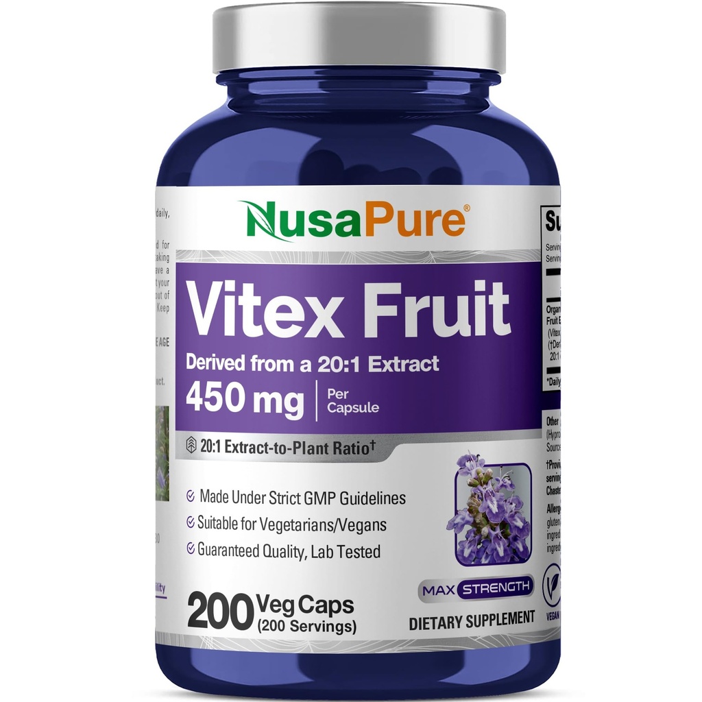 NusaPure Vitex Chasteberry Fruit 20:1 Extrakt, 450 mg Äquivalent zu 9.000 mg 200 Vegan Kapseln - Non-GMO, Vegan Nahrungsergänzungsmittel