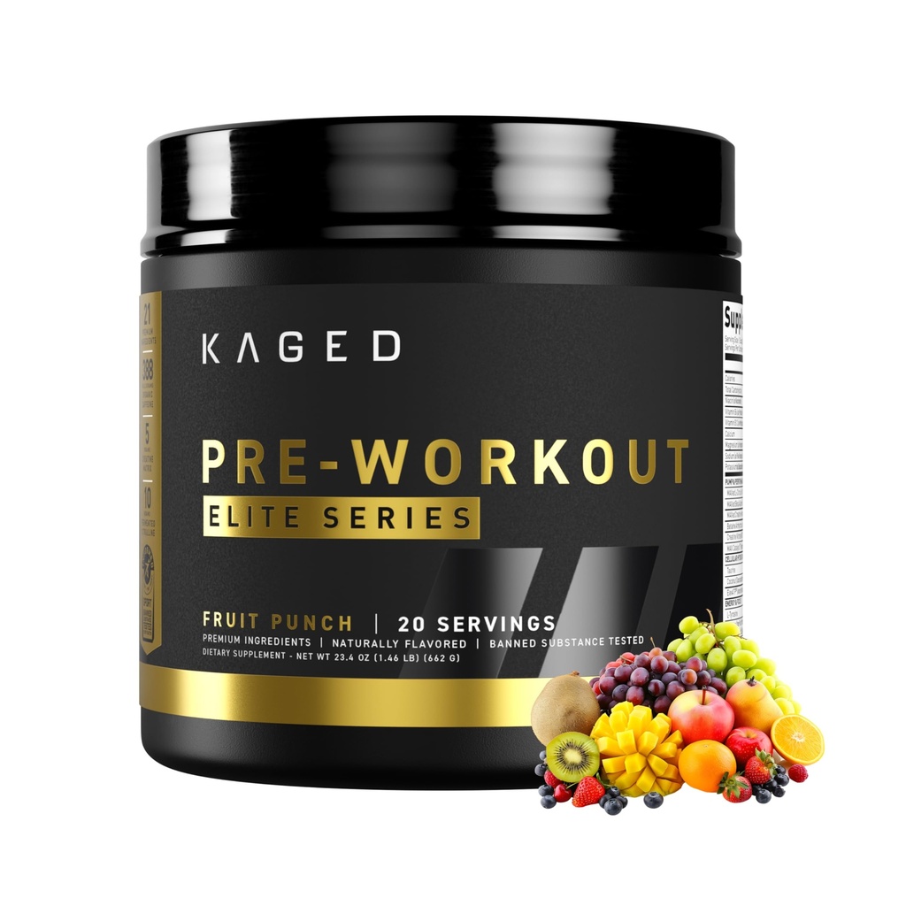 Kaged Pre Workout Elite Powder | Fruit Punch | Pre-Workout mit Kreatin, Beta Alanine, L-Citrulline, BCAAs | 388 mg Bio Koffein | Pre Supplements für Männer & Frauen | 20 Servierungen