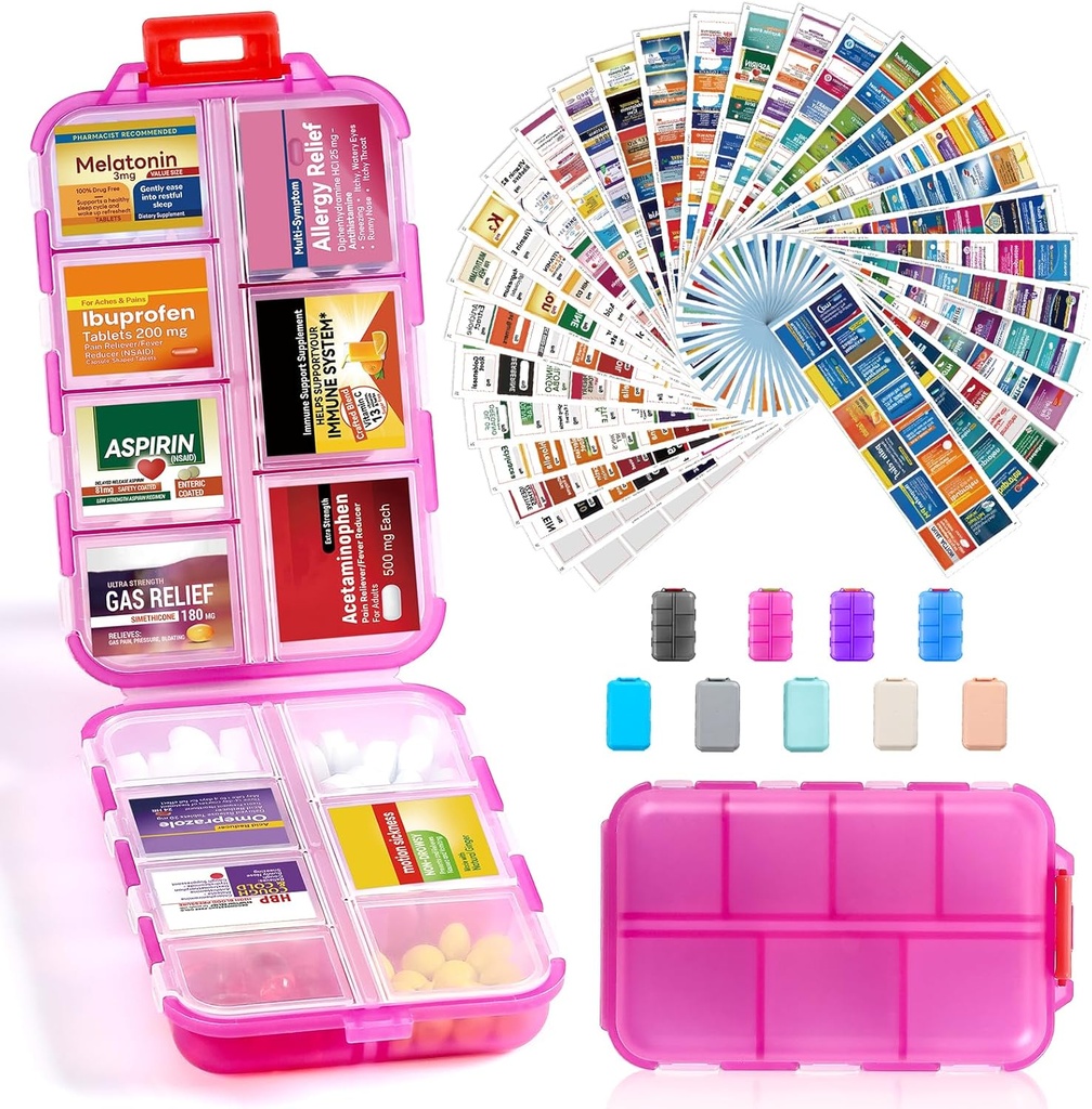 14 Grids Travel Pill Organizer Box mit 415-Pcs Medizin Name Etiketten - Pocket Daily Pharmacy Case Container Kit - Travel Medication Holder Dispenser für Fish Oil Vitamin Supplement Storage -Clear Pink