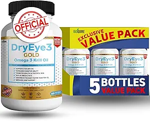 Dry Eye 3 Gold Omega 3 Krill Öl Extra Strength, 60 Softgels, Dry Eye Support, Non-GMO, Gluten Free, Sugar Free (5)