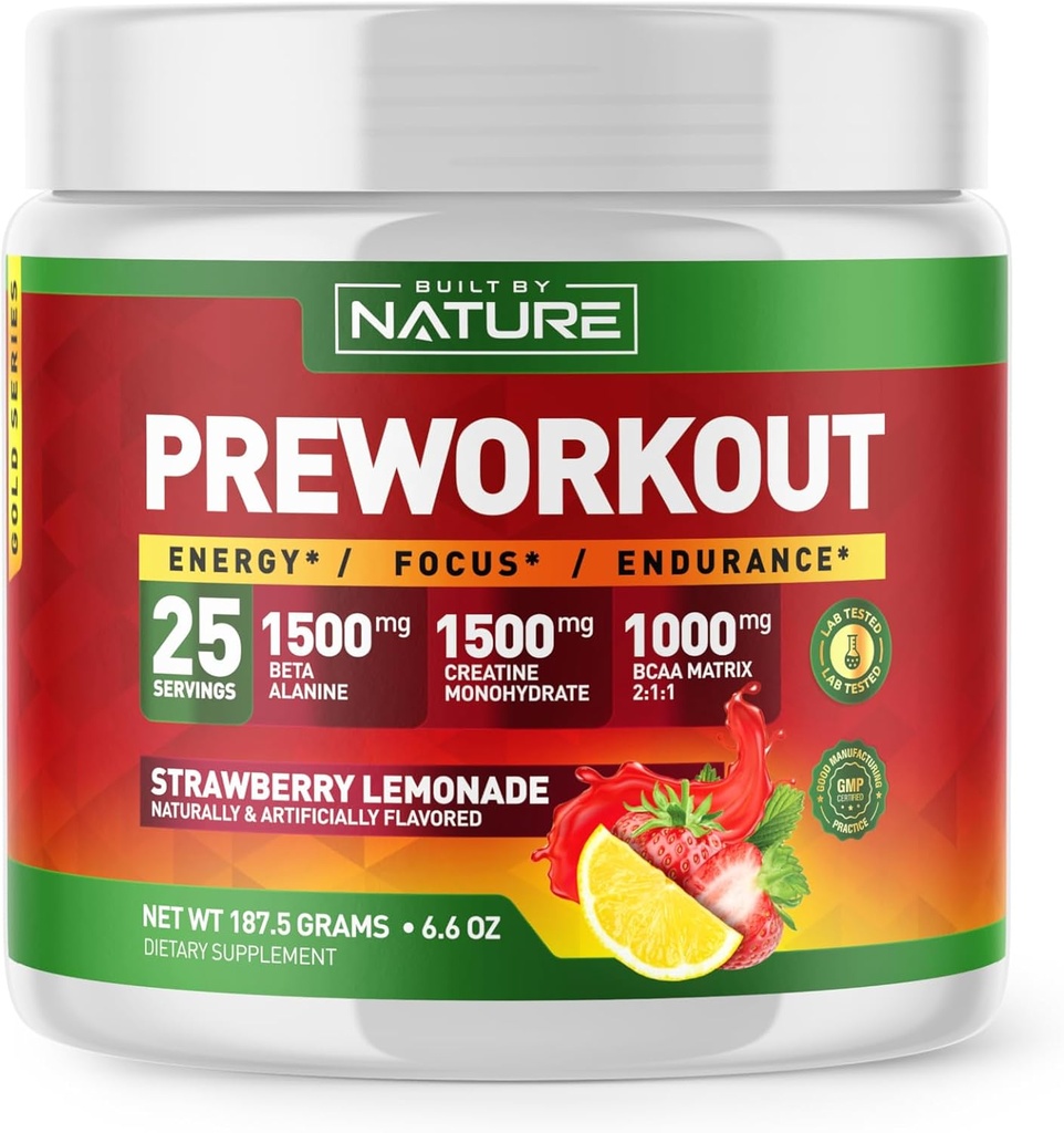 Erbaut von Nature Pre Workout Pulver mit Beta Alanine, Kreatin Monohydrate, BCAA, L Citrulline, L Arginin und Koffein - Erdbeere-Lemade Flavor - 25 Servietten