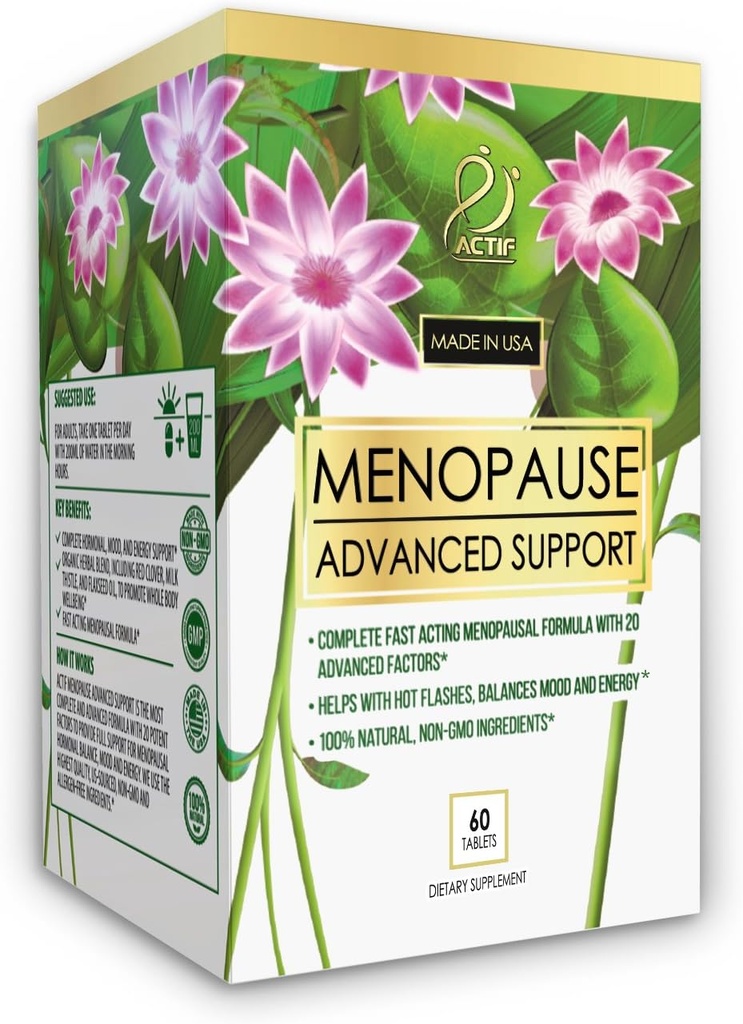 Actif Menopause Fortgeschrittene Unterstützung mit 20+ Bio-Vitaminen und Kräutern - Linderung Hot Flashes, Nachtschwärmen - Nicht GMO, Fast Acting, Made in USA, 60 Count