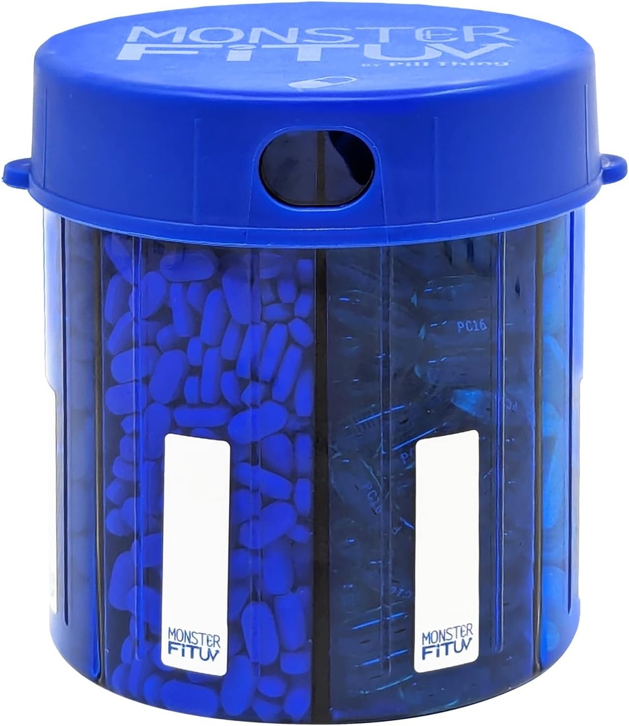 XL Ergänzung Pill Dispenser Flasche, 7 Kompartment, Labels, Easy Open, Anti-Mixing, UV-geschützter Organizer, Extra Large Monthly Vitamin, Monster Fit Medication Holder (Cobalt Blue, Large)