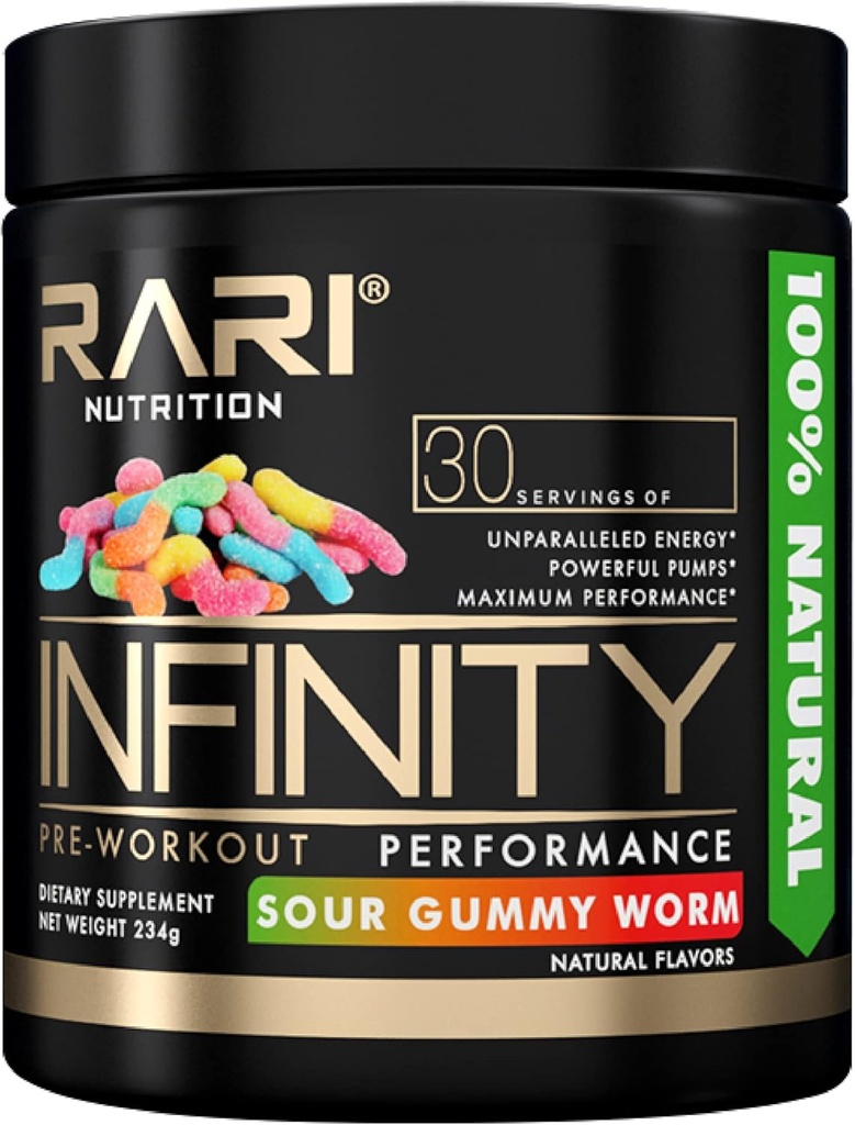 INFINITY - 100% natürliches Preworkout-Pulver für Energie, Fokus und Leistung - Männer und Frauen - Vegan und Keto freundlich - Kein Kreatin - 30 Servierungen (Sour Gummy Worm)