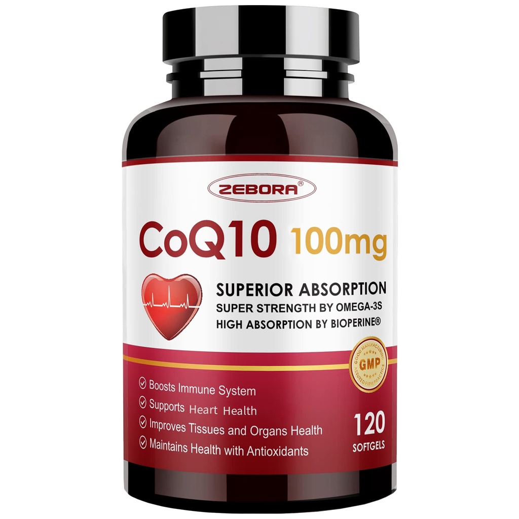 ZEBORA CoQ10-100mg-Softgels mit PQQ, BioPerine & Omega-3, High Absorption Coenzym Q10 Supplement, Leistungsstark-Antioxidant, Unterstützung Herz & Energie-Produktion 120 Servietten, Non-GMO