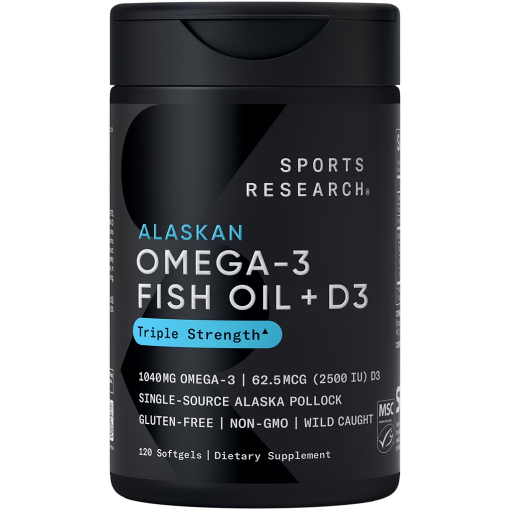 Sportforschung® Alaskan Omega-3 Fischöl 1040mg + Vitamin D3 2500iu - Unterstützt Gehirn- und Herzgesundheit - MSC zertifiziert Nachhaltige · Wild-Caught · Non-GMO · Triglycerid Form - 120 Count Softgels