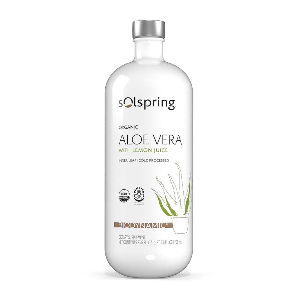 Solspring Biodynamic Organic Aloe Vera Juice mit Zitronen, 23.6 Fl. Oz. (700 mL), Unpasteurized, Certified USDA Organic, Regenerative, Non-GMO, Gluten Free, Soy Free, Dr. Mercola