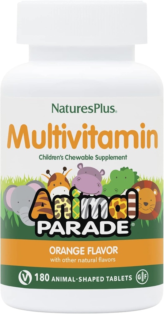 Natures Plus Animal Parade Kinder Chewable Multivitamin - Orange Flavor - 180 Animal-Shaped Tablets - Fördert Gesundheit und Wohlbefinden - Vegetarisch, Glutenfrei - 90 Servierungen