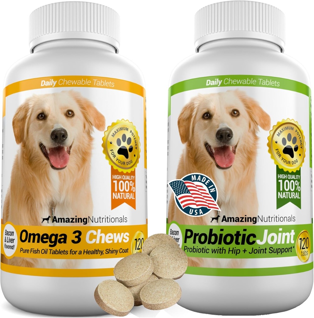 Erstaunlich Combo Omega-3 Fischöl und Probiotika für Hunde - Pure All-Natural Pet Antioxidant - fördert Shiny Coat, Gehirngesundheit, eliminiert Durchfallgas und Gelenkschmerzen, 120 Tasty Chews x 2