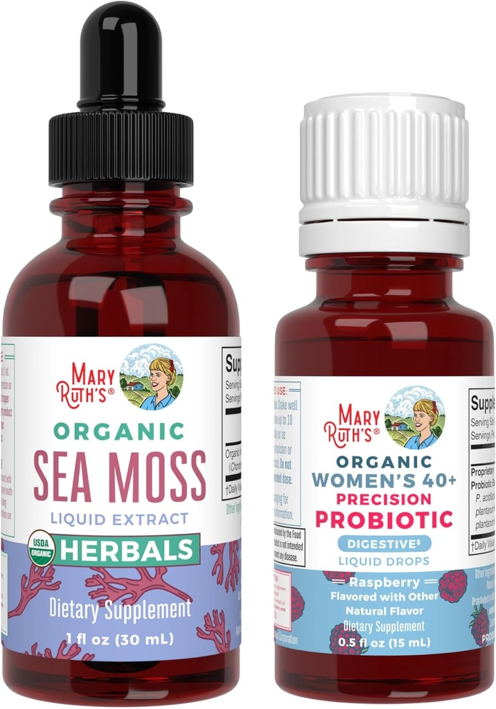 MaryRuth Organics Probiotic Digestion (Raspberry) für Damen 40+ & Sea Moss Drops | USDA Organic, Clean Label Project Verified® | Vitamins for Gut Health and Immunity | Vegan, Non-GMO, Gluten Free