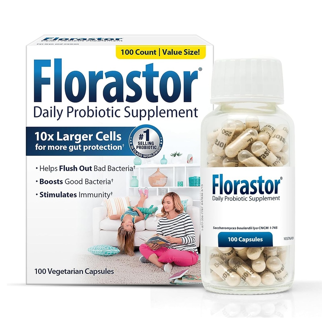Florastor Daily Probiotic Supplement für Frauen und Männer, bewährt, um Verdauungsgesundheit zu unterstützen, Saccharomyces Boulardii CNCM I-745 (100 Kapseln)