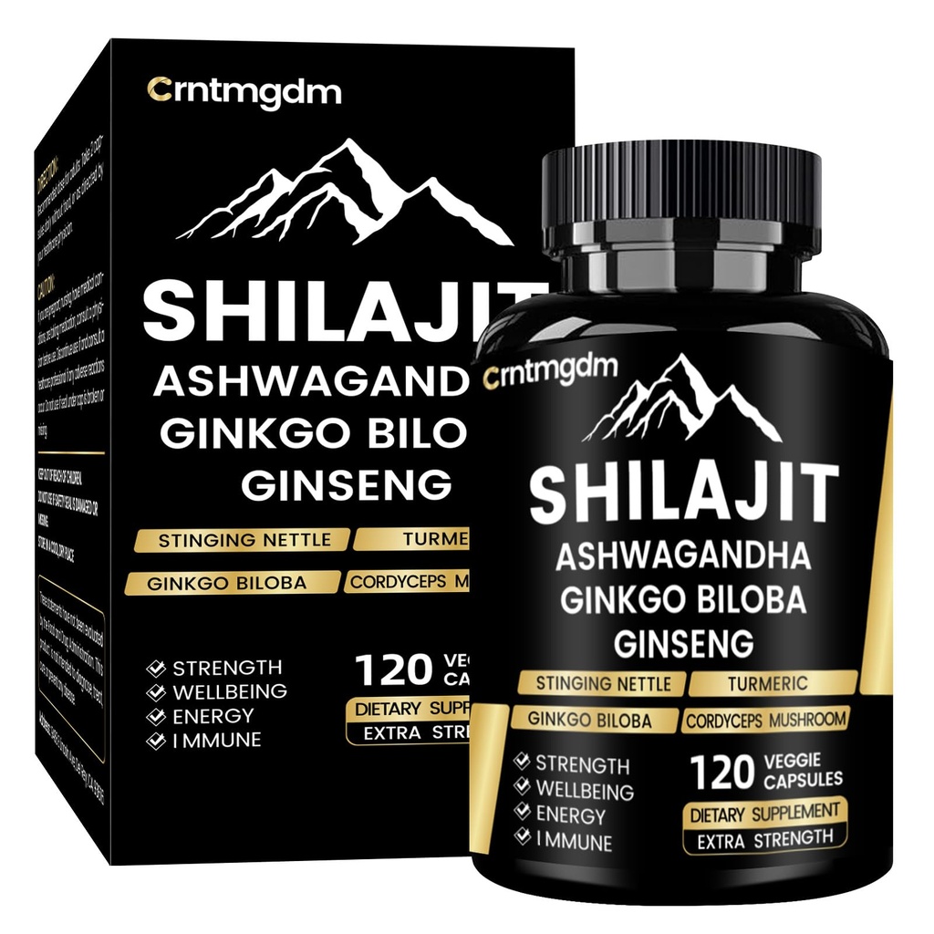 Shilajit Capsules - 20.000mg Pure Himalayan Organic Shilajit für Männer und Frauen mit Ashwagandha, unterstützt Vitalität und Wellness, Premium Shilajit Pure Himalayan Supplement, 120 Kapseln