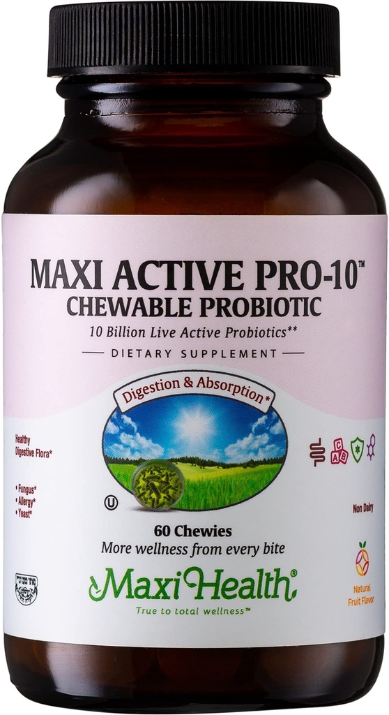 Maxi Health Active Pro-10 Kids Probiotic Chewables – 15 Strains for Digestive & Immune Health – 10 Billion probiotic Blend- Dairy-Free, Kosher – Unterstützt Gut Health, Vegetarisch – 60 ct (Shelf Stable)