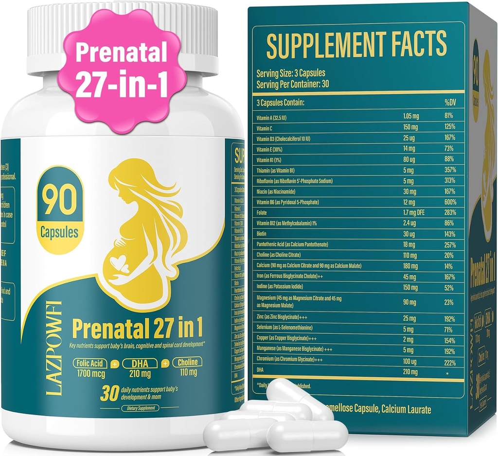 Pränatale Vitamine für Frauen Postnatal Multivitamin mit Folsäure DHA Cholin für schwangere und stillende Frauen Niacinamid Biotin und Mineralien 27 in 1 Supplement 90 Kapseln-30 Servietten