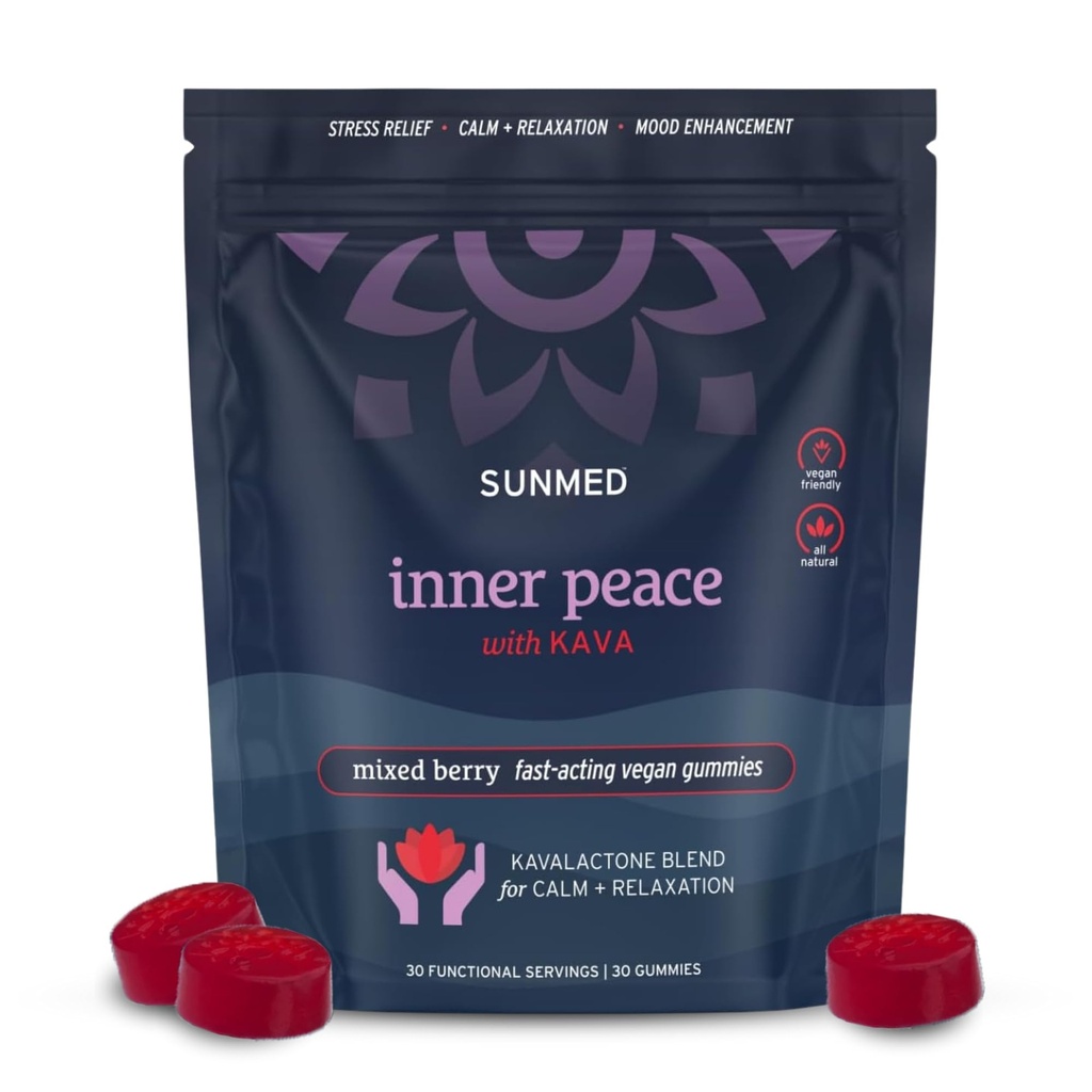 SUNMED Kava-Gummien für Stress-Relief & Tiefkalb – 100mg Kavalactone pro Servieren – Vegan, Pacific Island Root Extract | Mixed Berry Flavor, 30 Count