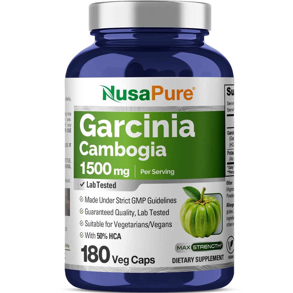 NusaPure Garcinia Cambogia 180 Veggie Kapseln 1500mg (Vegetarisch, Non-GMO, Vegan)