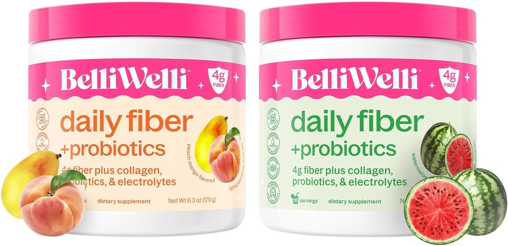 Belli Welli Daily Fiber Supplement Bundle mit Collagen, Probiotics & Electrolytes – Peach Mango & Watermelon Flavors – unterstützt Verdauung, Gut Balance, Debloating – 32 Portionen Gesamt