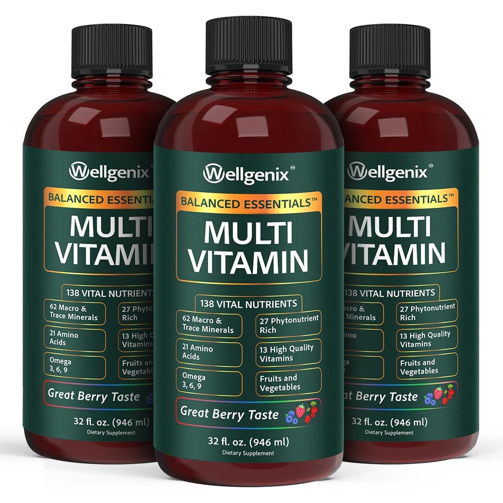 Wellgenix Balanced Essentials Plus neue Formel - Flüssiges Vitamin - Komplette Multivitamin-Ergänzung - 1oz Daily - Immune Boosting & Gesamtgesundheit - Erwachsene, Kinder, Kleinkinder - Berry Flavor 32oz (3)