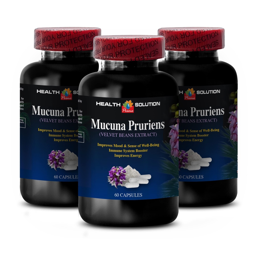 Energie- und Fokusergänzung - MUCUNA PRURIENS VELVET BEAN EXTRACT 350 MG - Stimmungsverstärker, Samtbohnenextrakt, Antioxidantien-Ergänzungen, Gehirn Booster-Ergänzung für Gedächtnis, 3 Flaschen 180 Kapseln