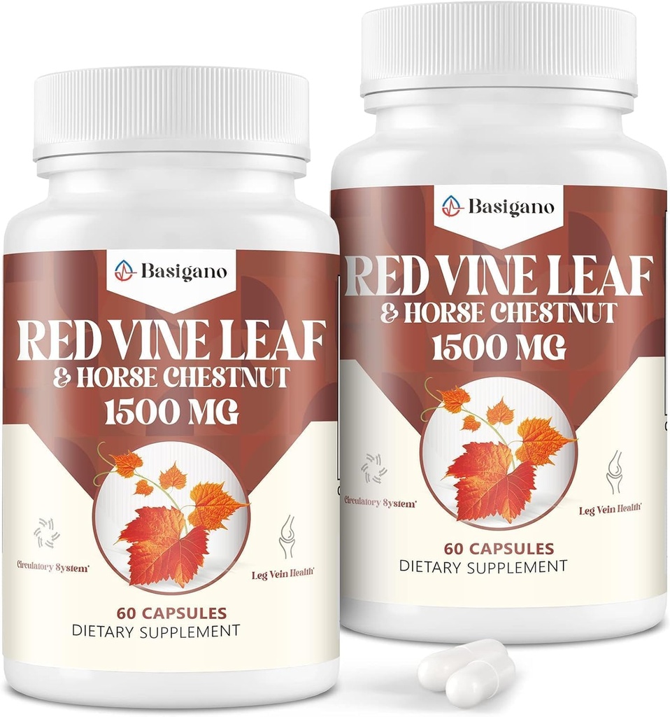 Red Vine Leaf & Horse Chestnut Extract Capsule Supplements (Vitis Vinifera) 1500mg -Premium Extract for Healthy Veins, Zirkulation, Herz, Haut (2 Pack)