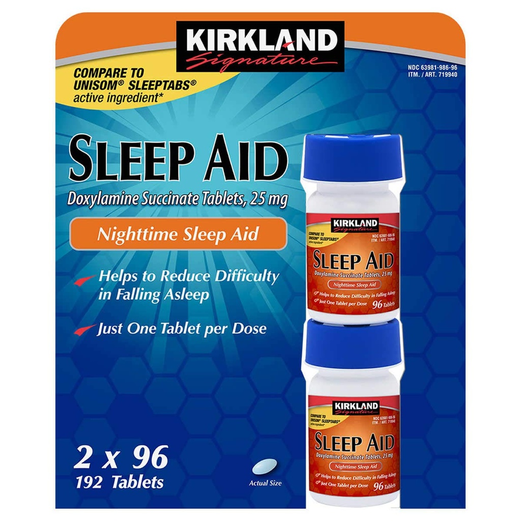 Cos7 Kirkland Signature Doxylamine Succinate Tabletten ,25mg Nacht schlafen AID - 2 X 96 Tabletten (192 Tabletten insgesamt)