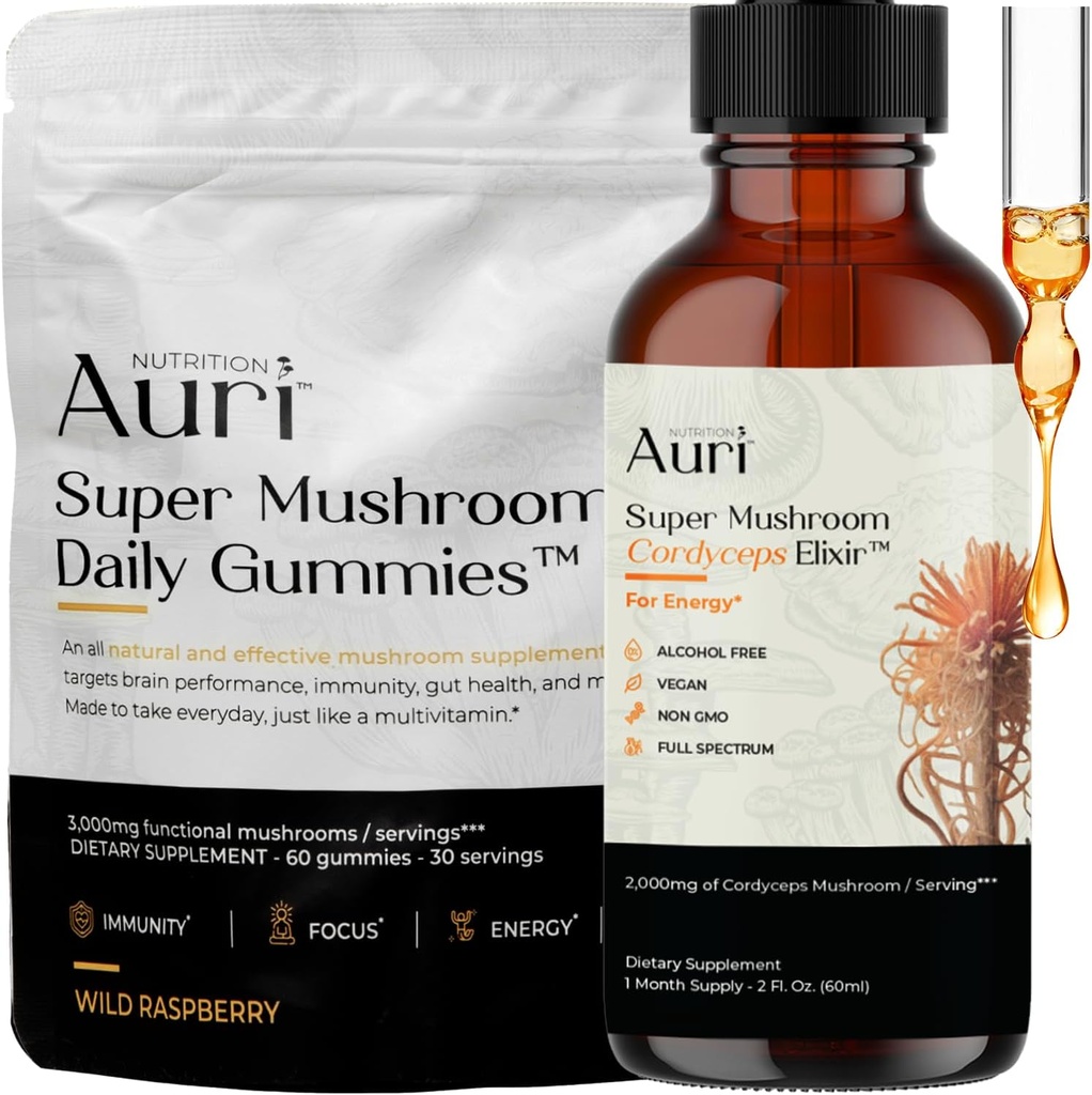 Auri Energy & Immun Boost Pack Super Mushroom Daily Gummis Cordyceps Elixir Bundle - Tägliche Wellness für Fokus, Stamina und Langlebigkeit - 60 Gummi + 60ml Tinktur