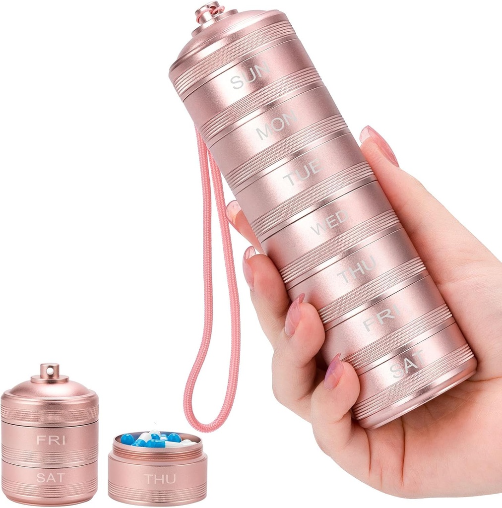 Metall Pille Organizer 7 Tage - Wasserdichte Wochenreise Pille Box Tägliche Pille Fall mit 7 Komponenten, Pillenbehälter für Vitamin Medizin ergänzt Fischöl, Pink