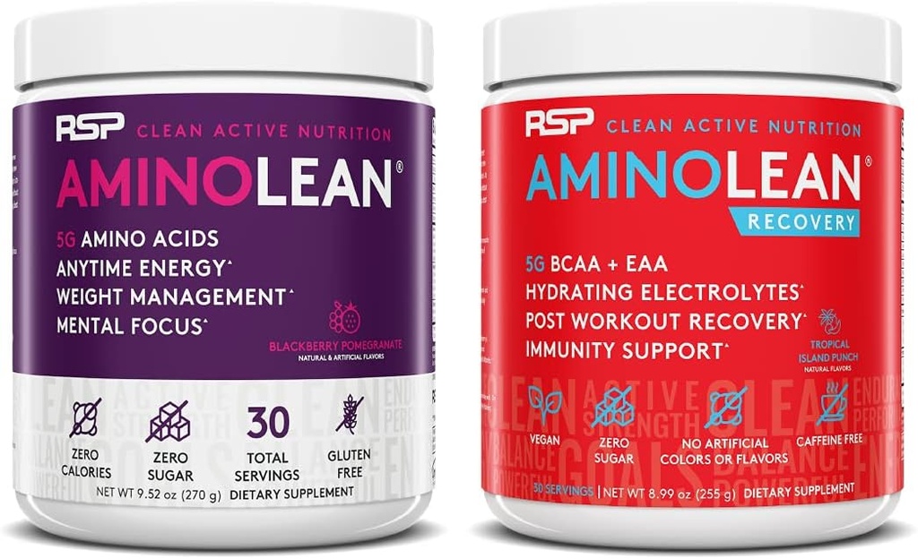 RSP NUTRITION AminoLean Pre Workout Energy (BlackBerry Pomegranate 30 Servings) mit AminoLean Recovery Post Workout Boost (Tropical Island Punch 30 Servings)