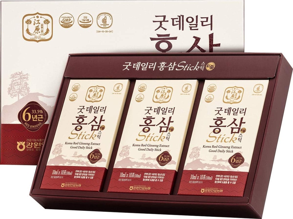 [Gangwoninsam] Korean Red Ginseng Extract Good Daily Stick 30 Count – Enthält 6 Jahre Korean Red Ginseng Extract, Korean Food, Individuell verpackt, 0.35 fl. oz (10ml), 3 X 10-Count Box