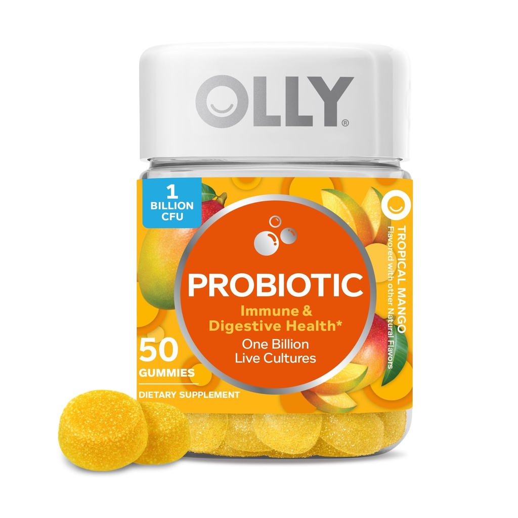 OLLY Probiotic Gummy, Immune und Verdauungshilfe, 1 Billion CFUs, Kaubare probiotische Ergänzung, Mango, 25 Tage Versorgung - 50 Count