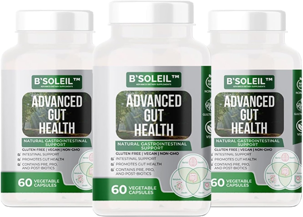 B’SoleilTM Paket von 3 Advanced Gut Health Probiotics - Pre, Pro & Post Biotics - Natural Gastrointestinal Support - Glutenfrei, Vegan & Non-GMO - 25 Billion CFU - 60 Kapseln in jedem Pack