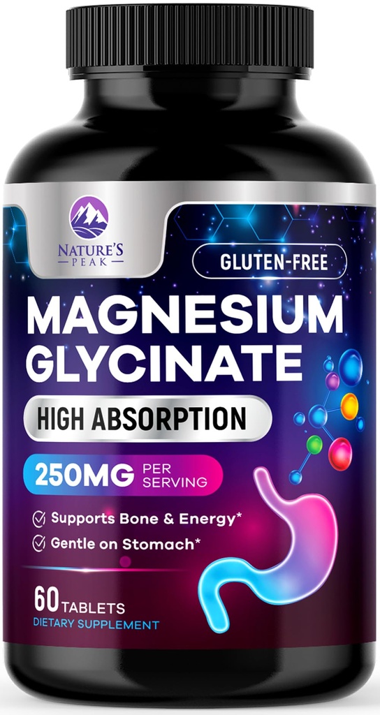 Magnesium Glycinate Chelat für Max Absorption - unterstützt Knochen, Muskeln, Nerves & Heart Health, Nature's Sleep and Stress Support, Beste Magnesium Supplement Pillen für Ganzkörperunterstützung - 60 Tabletten