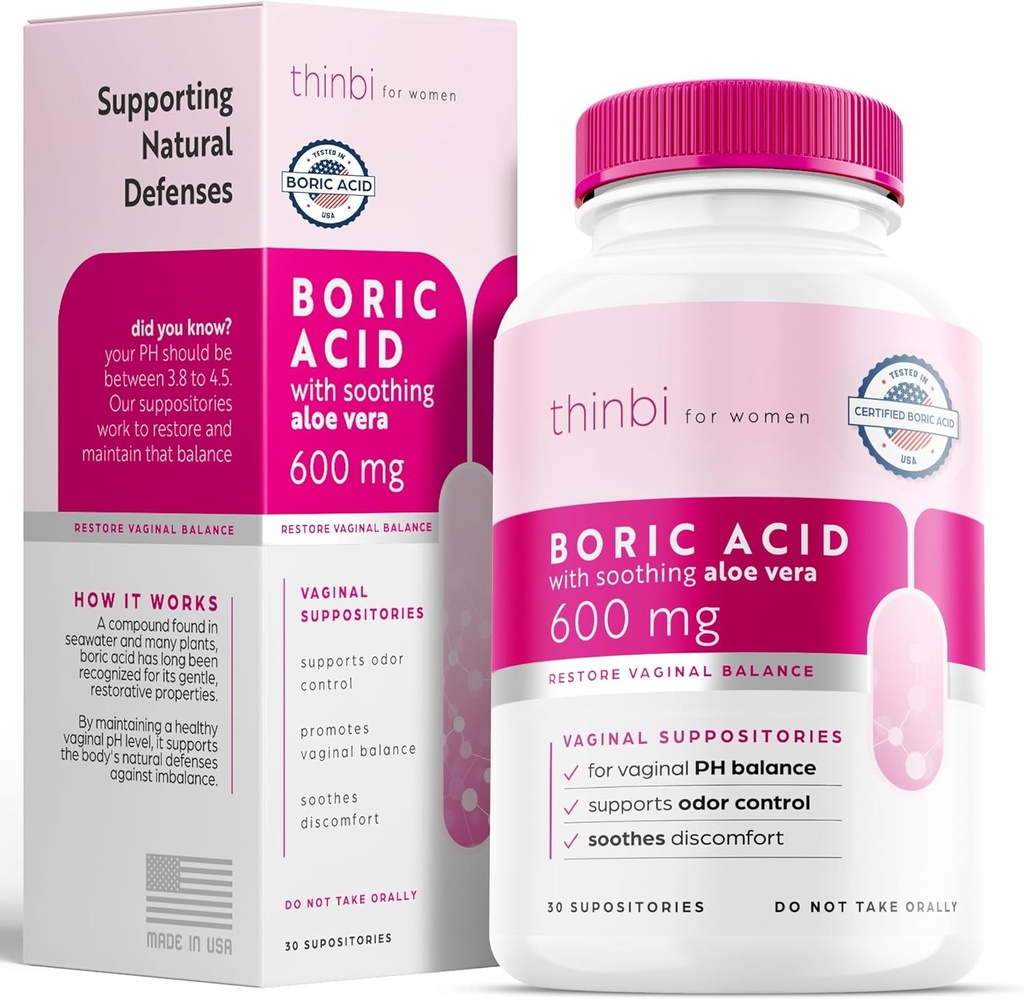 Thinbi Borsäure-Suppositorien für Frauen w/Aloe Vera - BV Behandlung & PH Balance für Vaginose Behandlung - um Intimate Gesundheit w/Clinisch untersucht Borsäure 30 Zähler