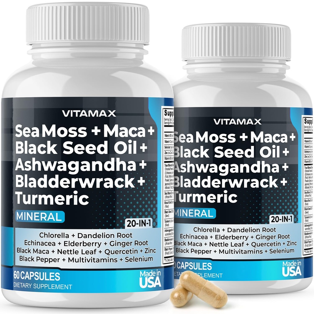 Sea Moss, Maca, Black Seed Oil, Ashwagandha, Bladderwrack, Turmeric - Elderberry, Vitamine C & D3, Dandelion & Black Pepper - Made in USA- 120ct